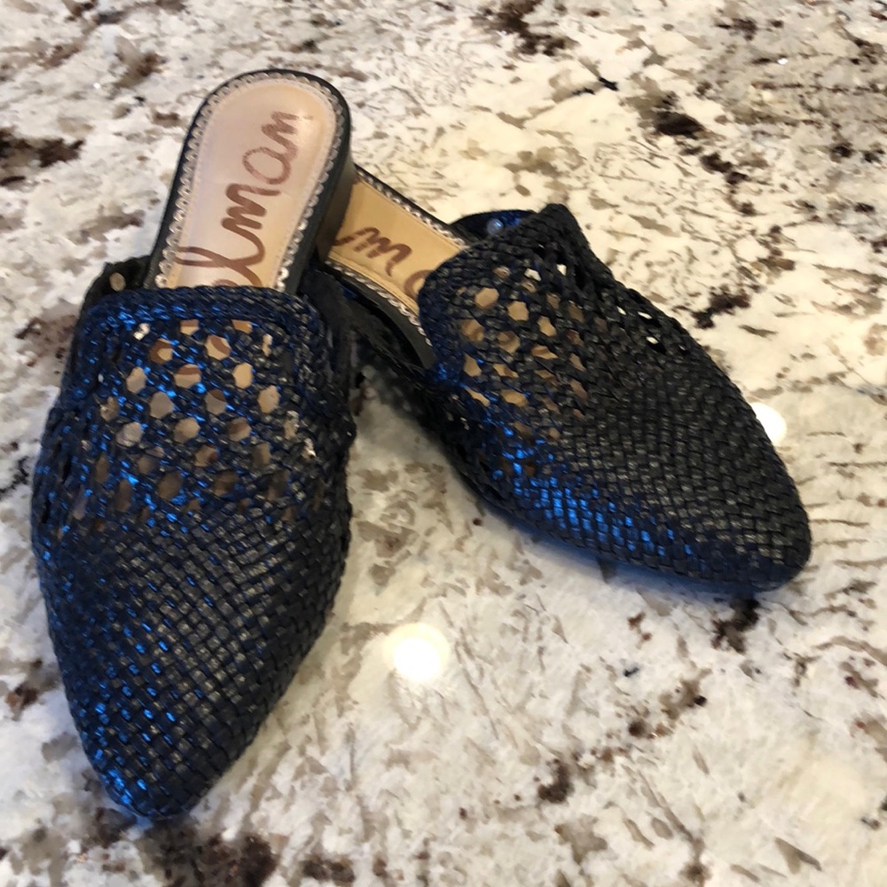 Black woven leather slides sz 8